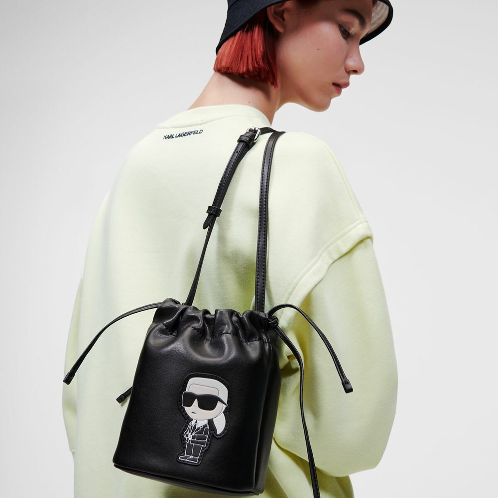 Női Karl Lagerfeld K/Ikonik 2.0 Bőr Small Bucket Bag Crossbody Táska Fekete | GFU320491