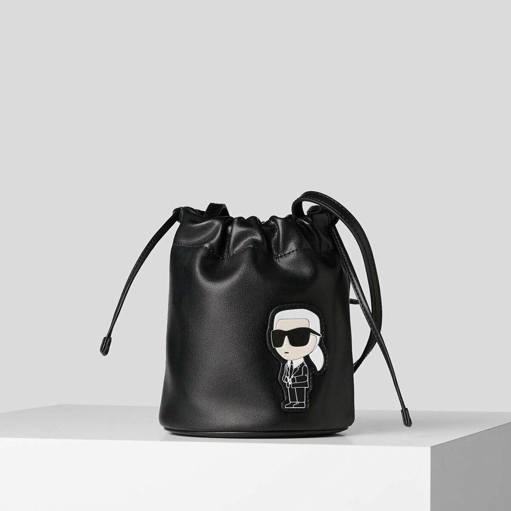 Női Karl Lagerfeld K/Ikonik 2.0 Bőr Small Bucket Bag Crossbody Táska Fekete | GFU320491