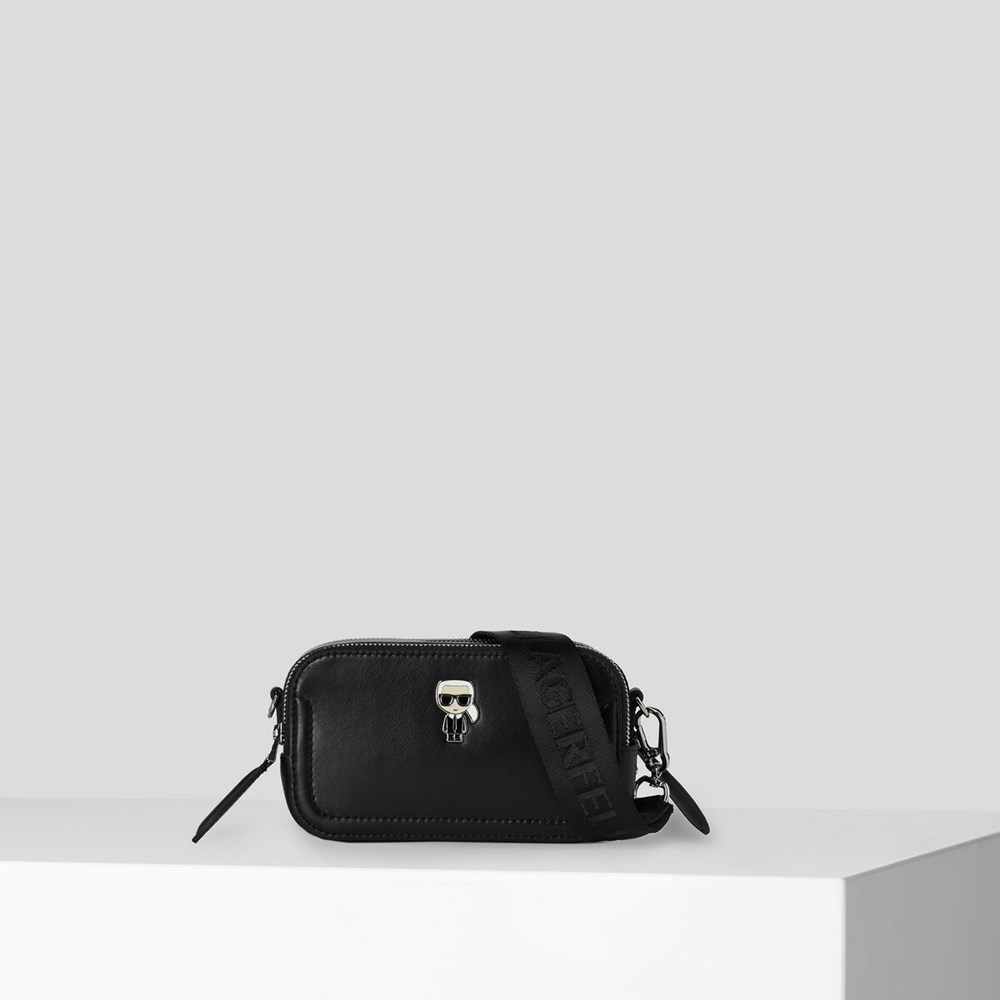 Női Karl Lagerfeld K/Ikonik Bőr Camera Bag Crossbody Táska Fekete | KIC352196