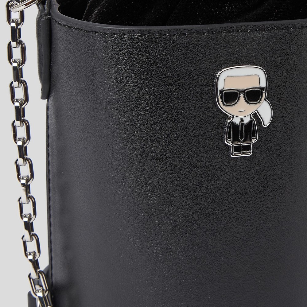 Női Karl Lagerfeld K/Ikonik Small Bőr Bucket Bag Crossbody Táska Fekete | ISN065197