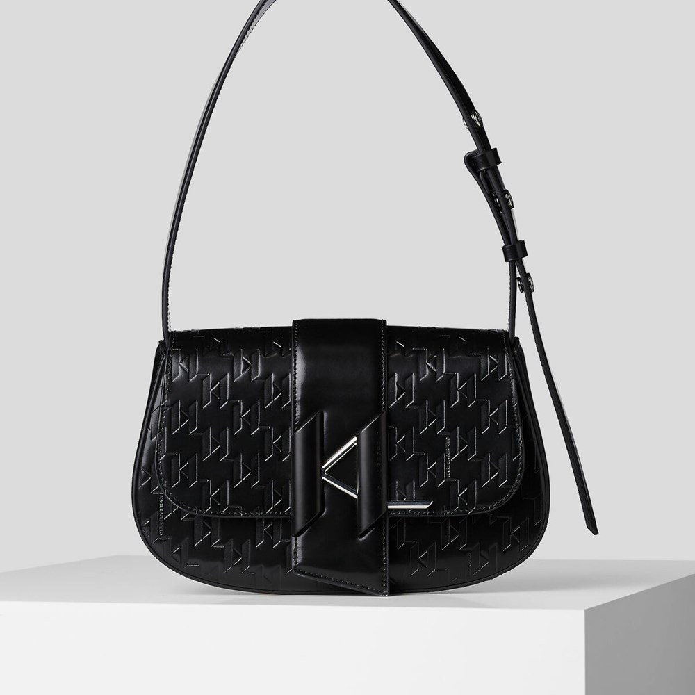 Női Karl Lagerfeld K/Saddle Monogram-embossed Válltáskák Fekete | TNP394160